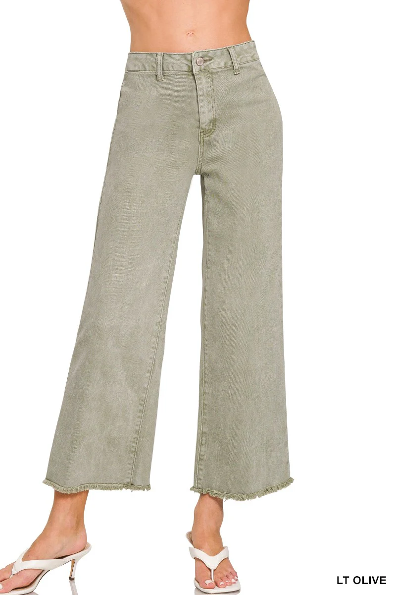 Light Olive Frayed Wide Leg