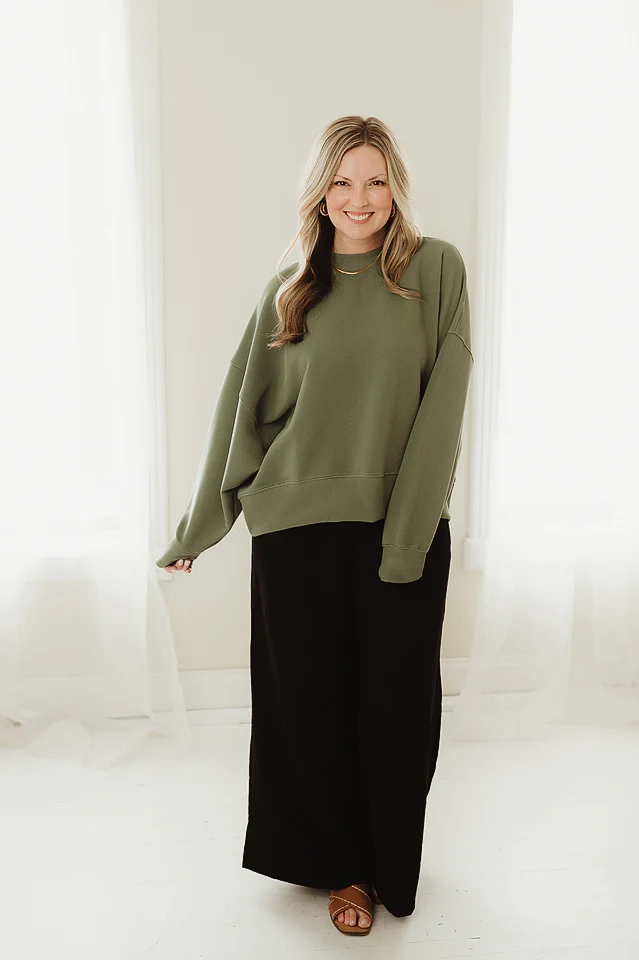 Olive Ribbed Ease Pullover - Image 2
