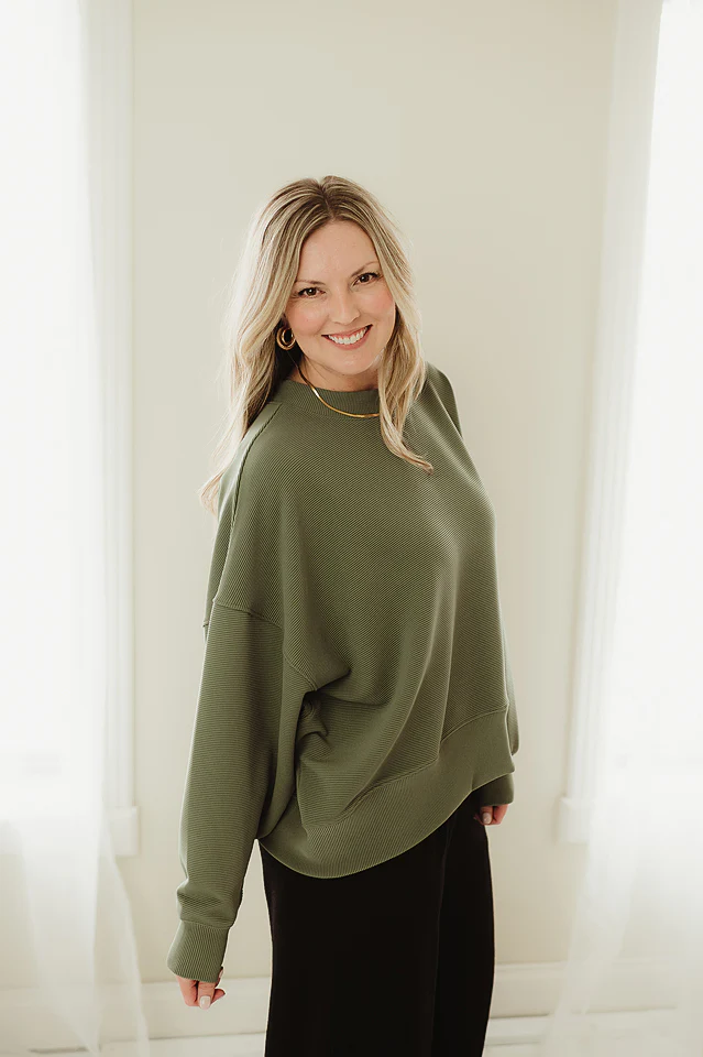 Olive Ribbed Ease Pullover - Image 3