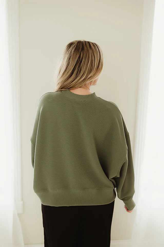 Olive Ribbed Ease Pullover - Image 4