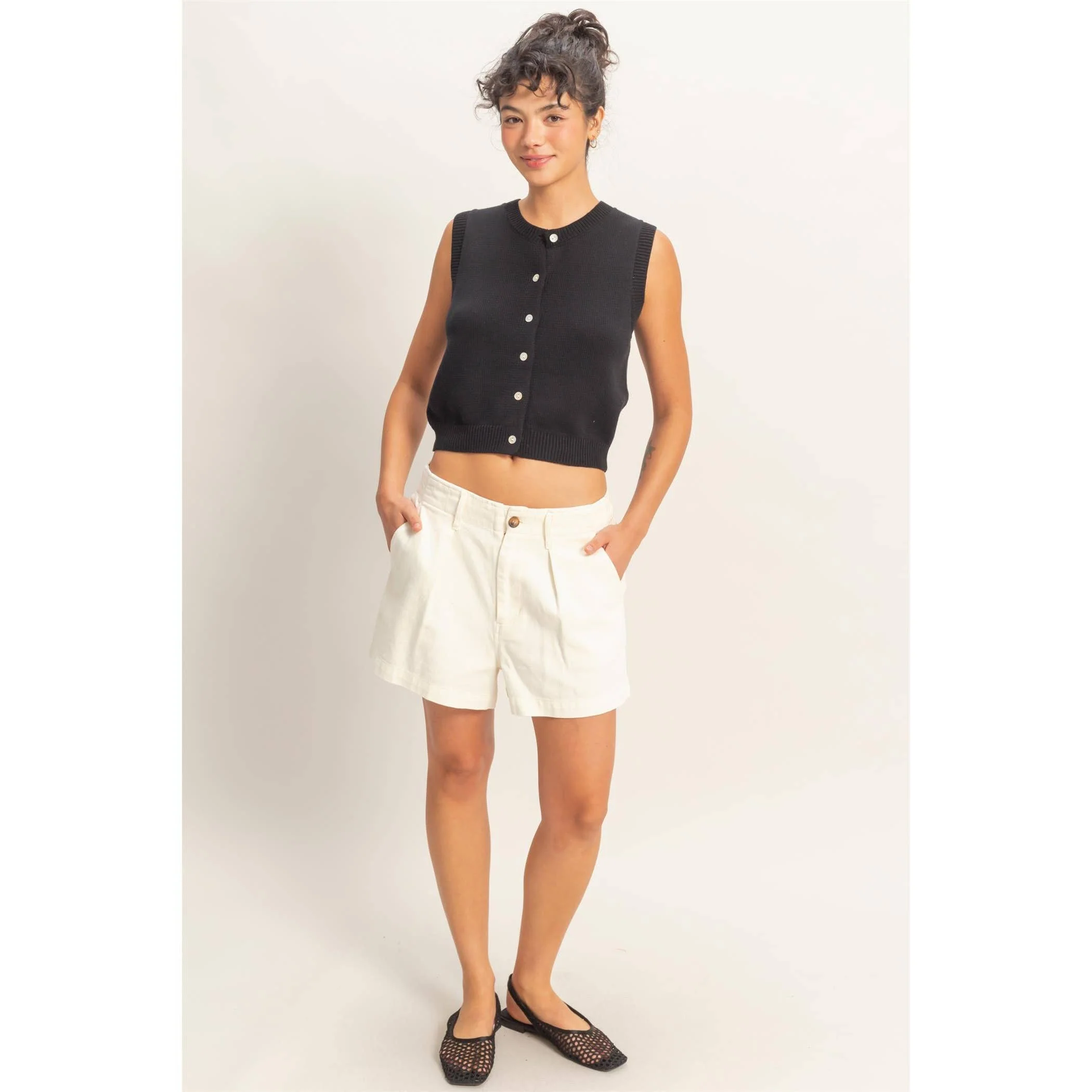 Black Cropped Sleeveless Vest - Image 2