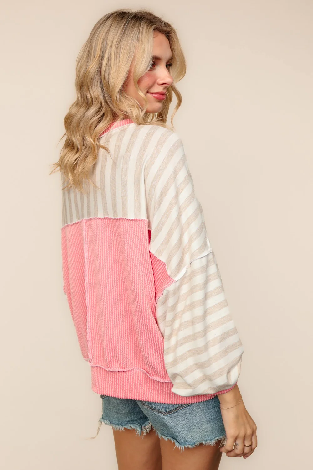 Navy & Pink Reverse Stitch Oversized Pullover - Image 3