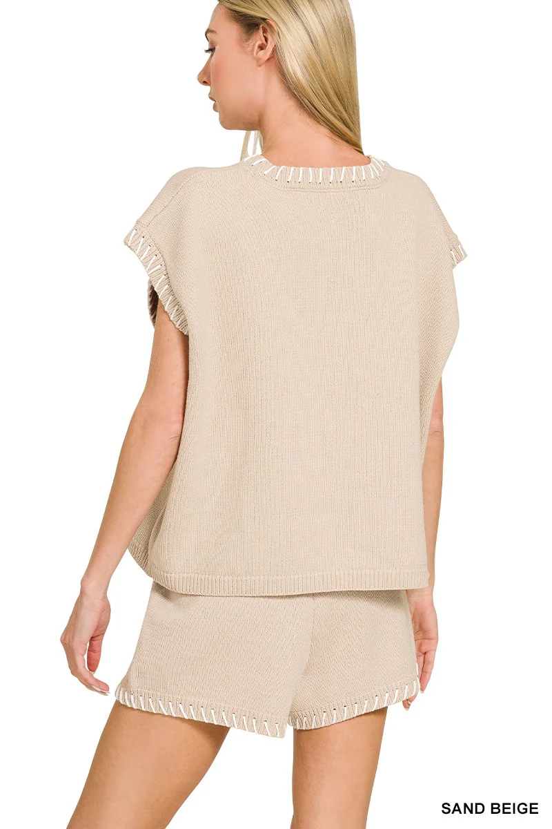 Sand Beige Edge Stitch Sweater Vest - Image 2