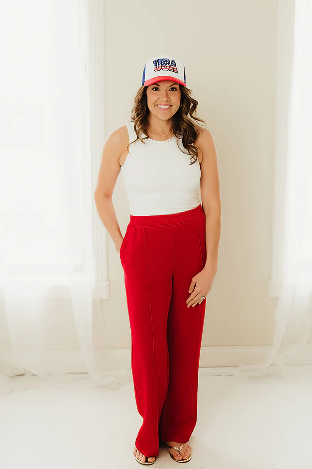 Red Scuba Wide Leg Pants - Image 2