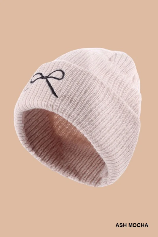 Ivory Embroidered Bow Beanie - Image 2