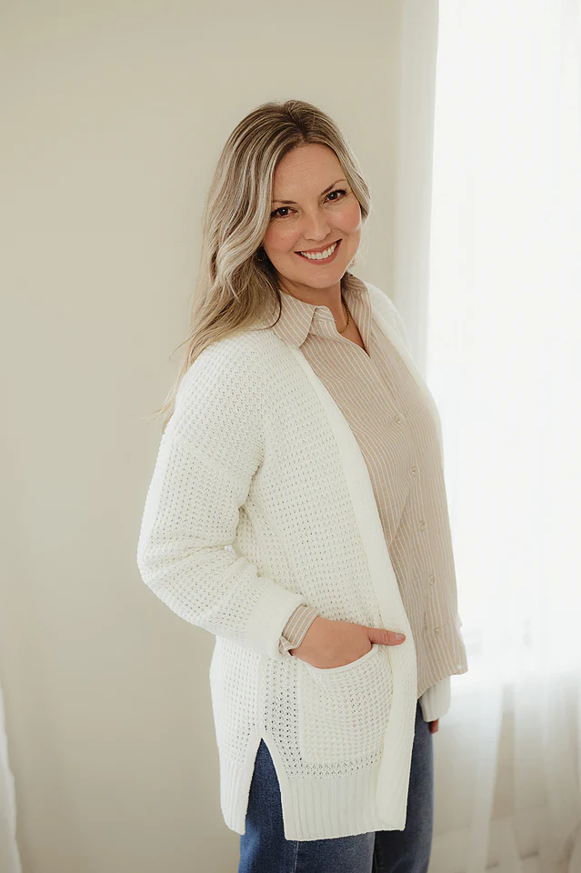 Ivory Waffle Open Cardigan - Image 3