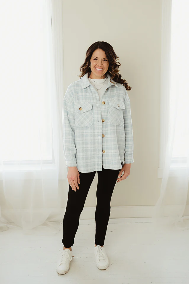 Light Blue Plaid Print Shacket - Image 2
