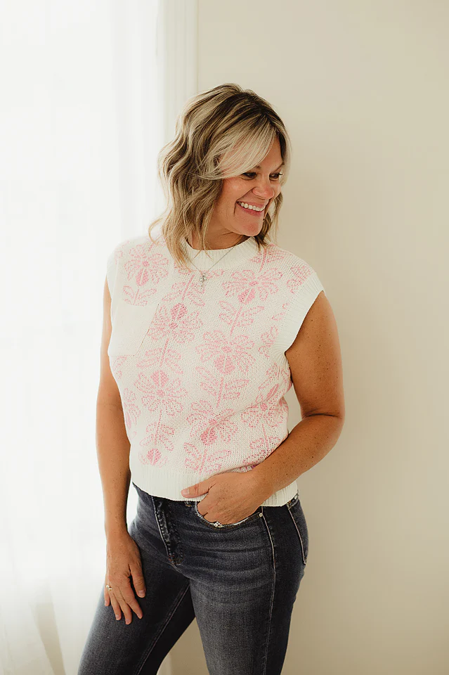 Pink Camellia Flower Pattern Sweater - Image 3