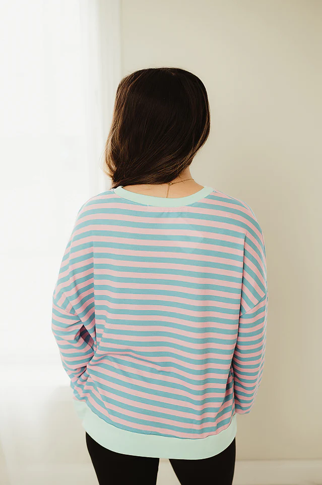 Teal & Blush Ribbed Hem Stripe Pullover - Image 4