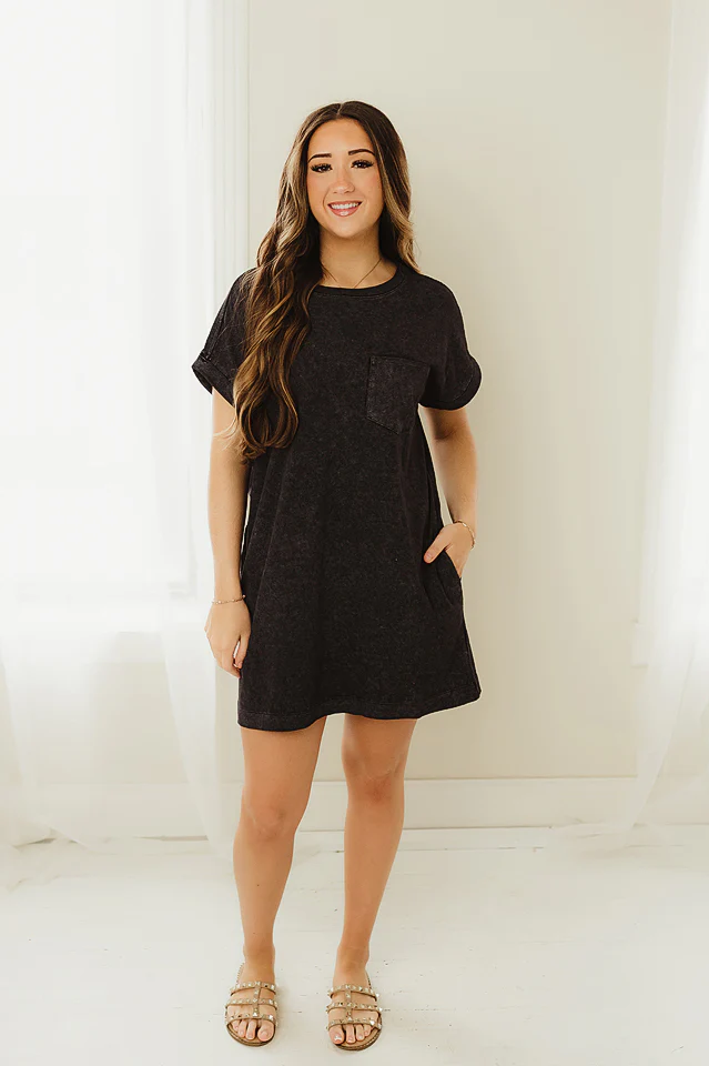 Black Washed Pocket Tee Dress - Image 2