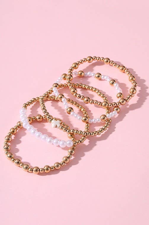 White & Gold Pearl Cross Bracelet Stack - Image 2