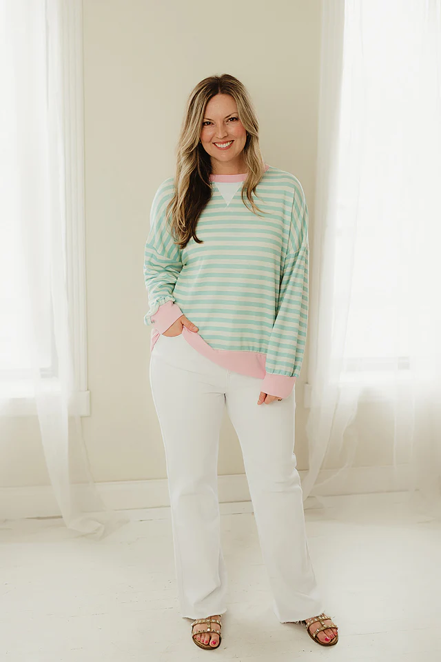 Mint & Fuchsia Ribbed Hem Stripe Pullover - Image 2