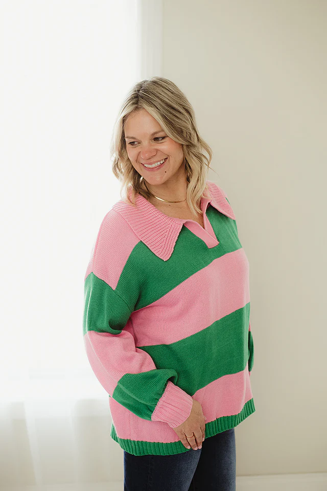 Pink & Green Collared Oversized Sweater - Image 2