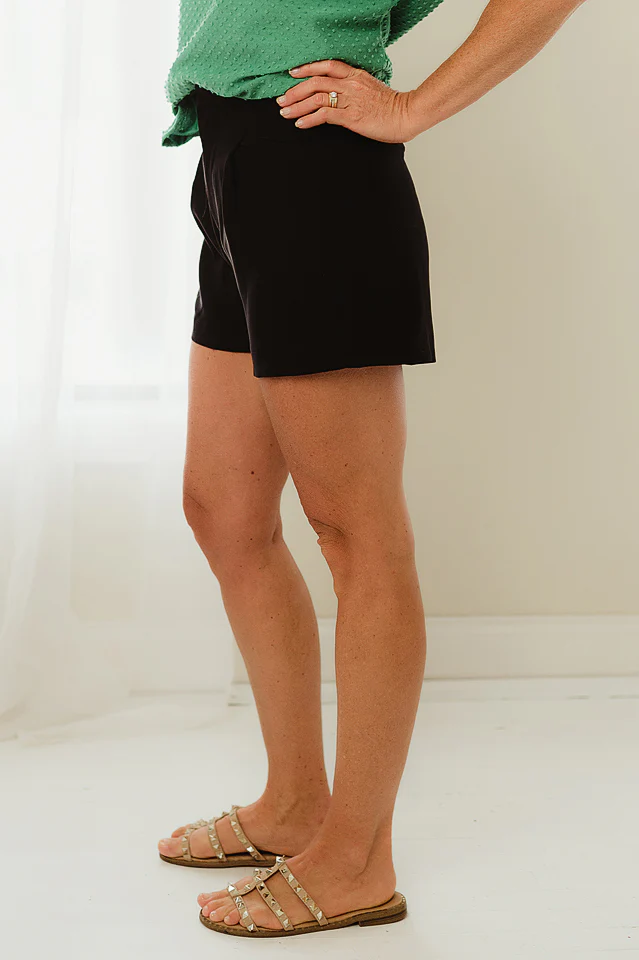 Black Pleated Woven Shorts - Image 2
