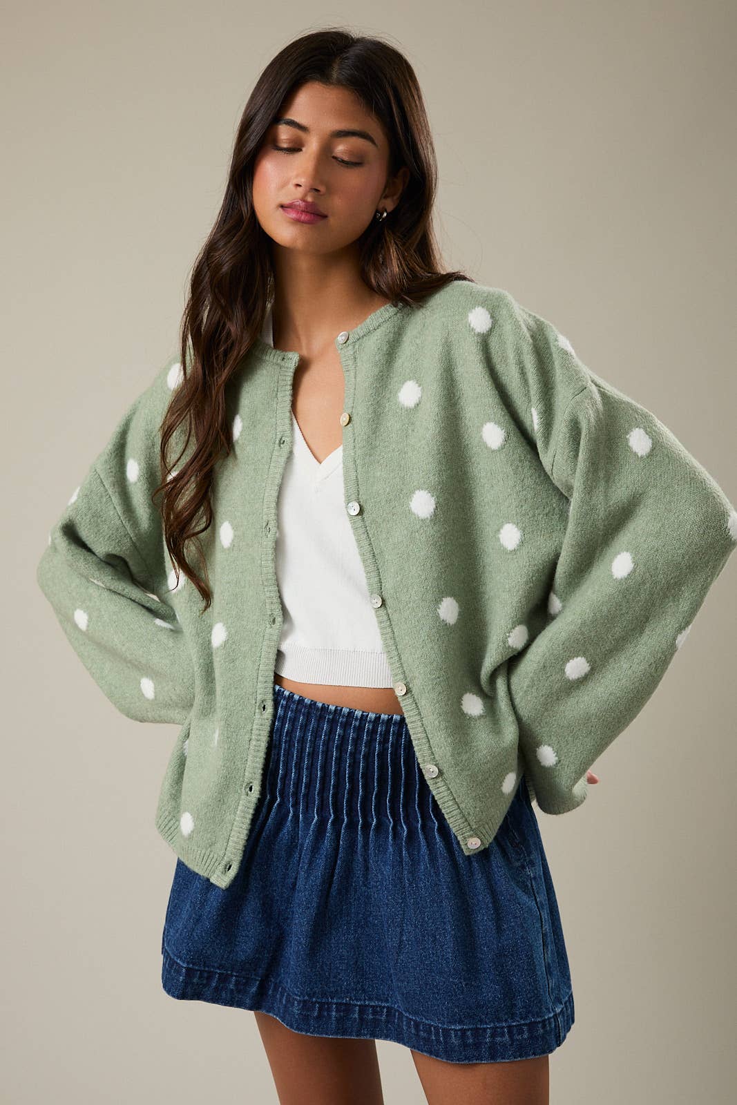 Sage & White Polka Dot Cardigan - Image 3