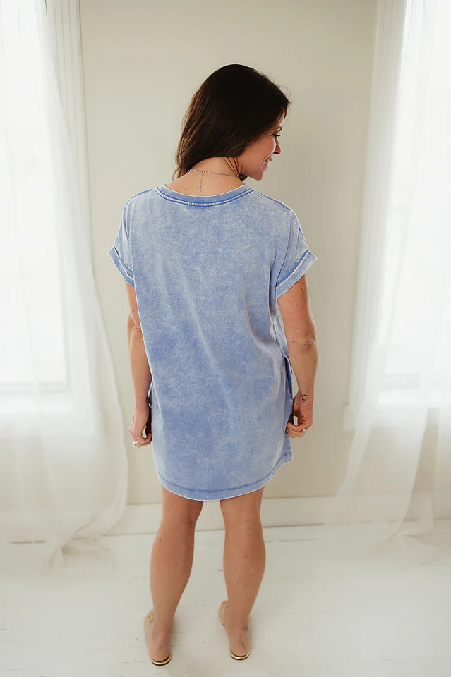Cornflower Blue Washed Pocket Tee Dress - Image 4