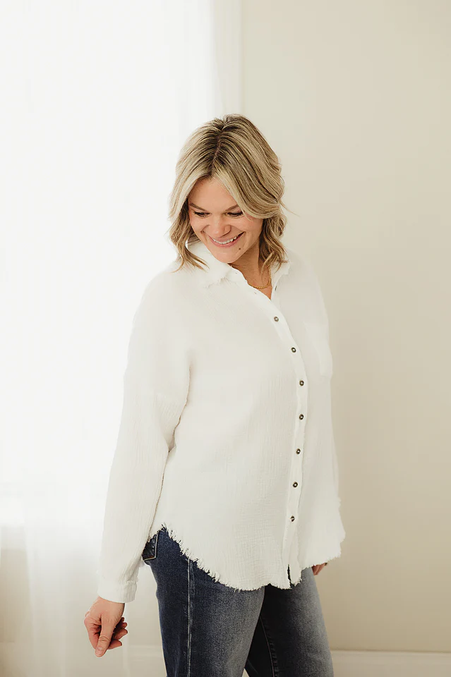 White Raw Edge Oversized Shirt - Image 3