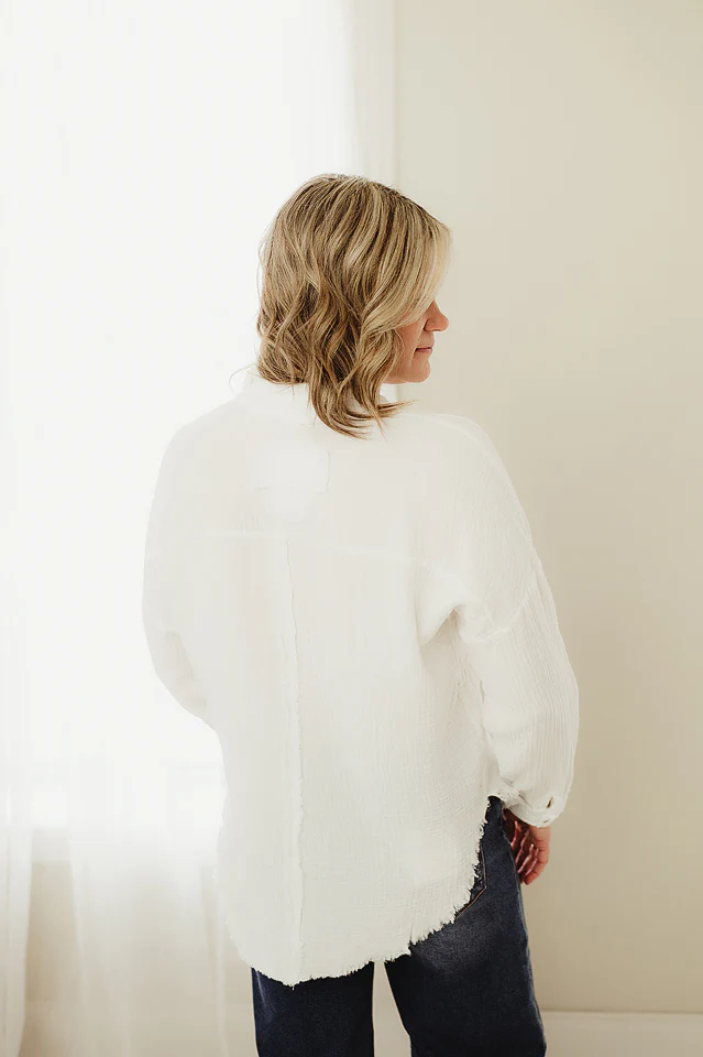 White Raw Edge Oversized Shirt - Image 4