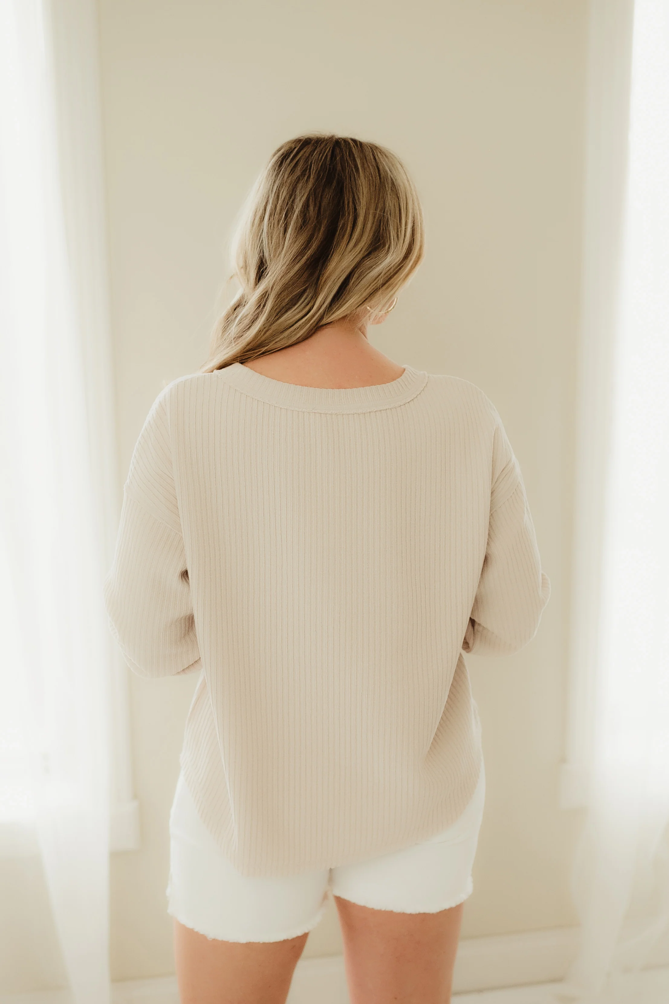 Oatmeal Exposed Ribbed Henley Top - Image 3