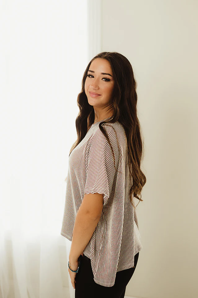 Brown Ribbed Striped Flowy Top - Image 3