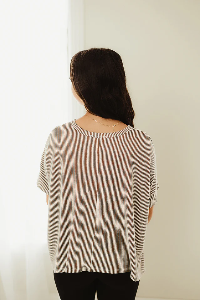 Brown Ribbed Striped Flowy Top - Image 4