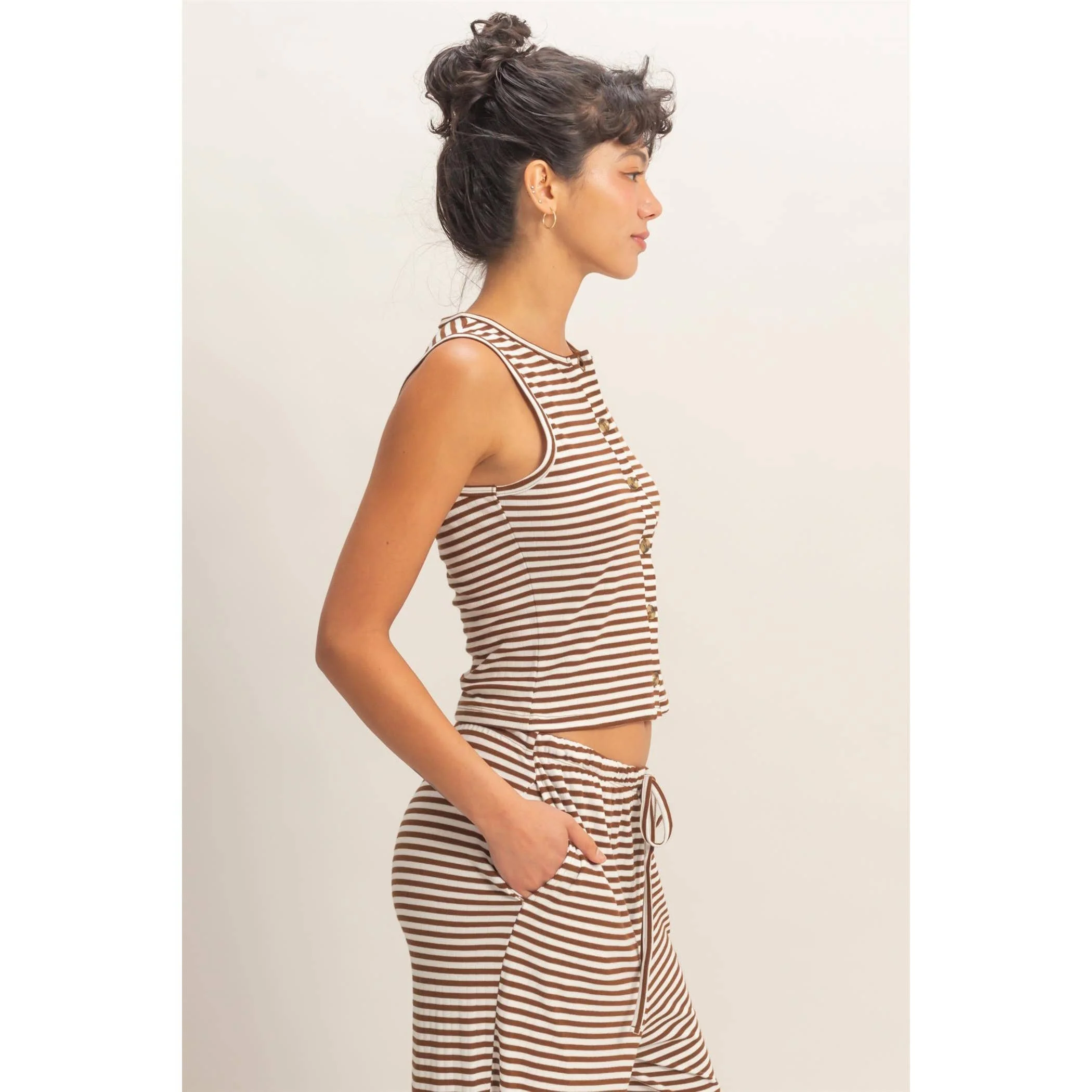 Brown Striped Button Crew Tank - Image 2