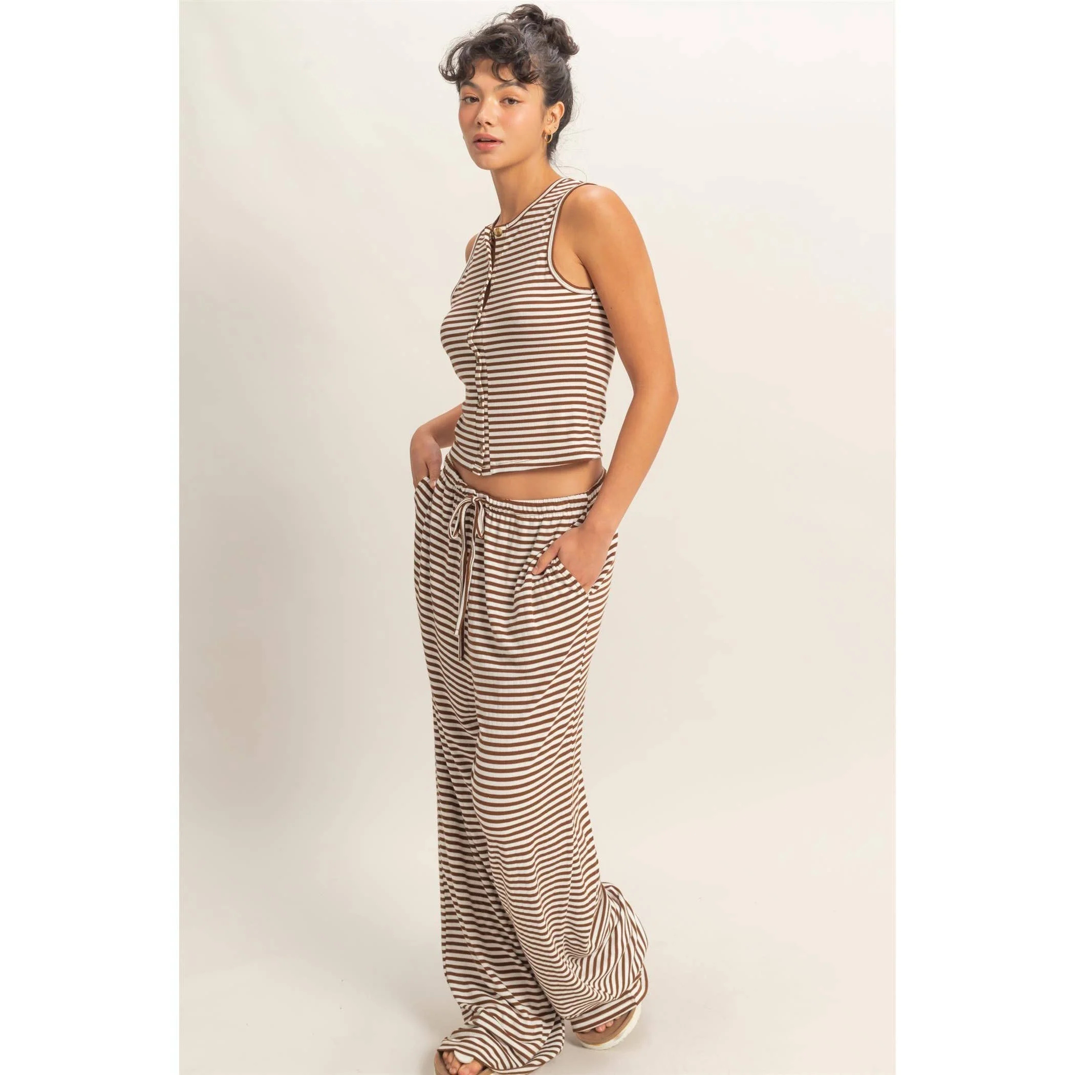 Brown Striped Button Crew Tank - Image 4