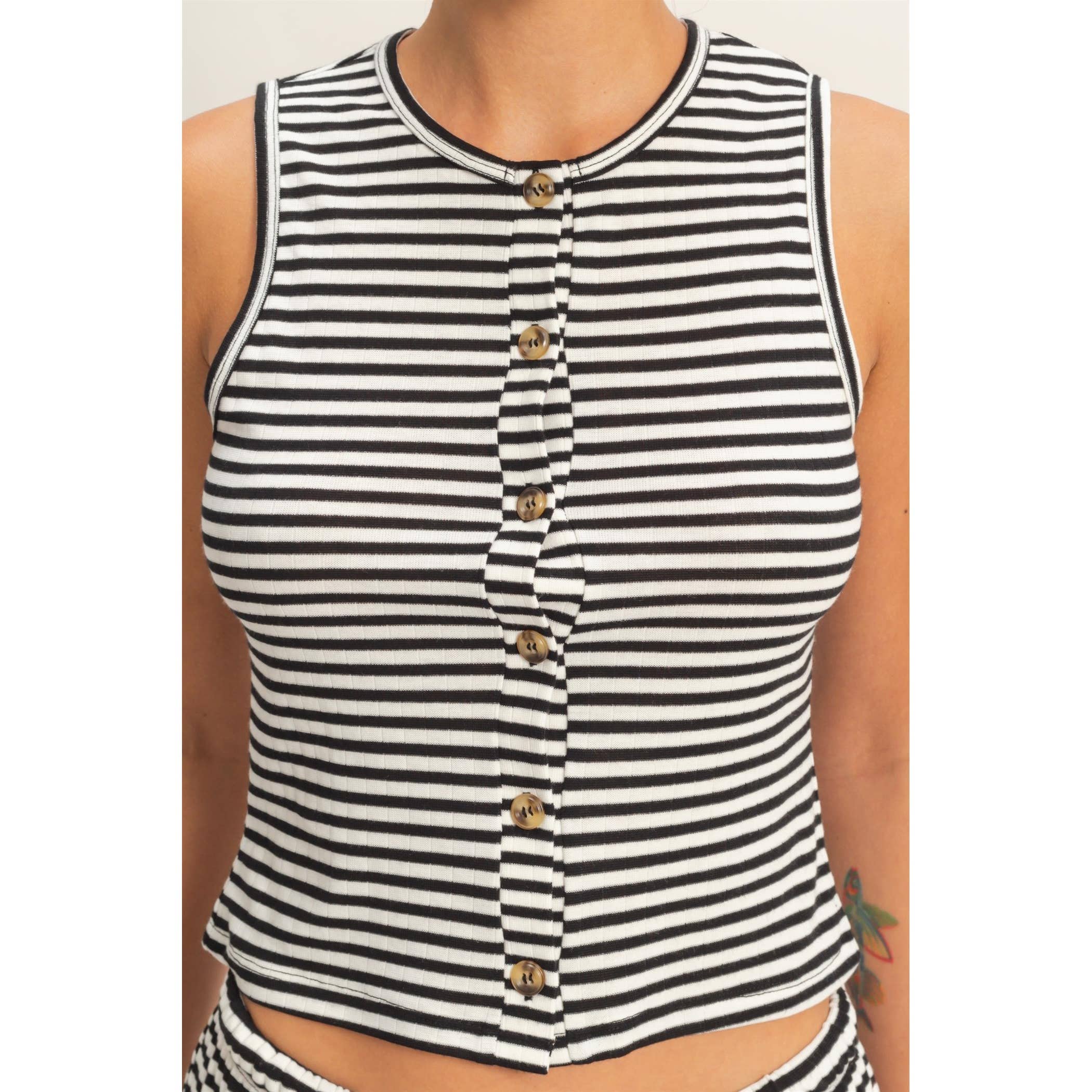 Black Striped Button Crew Tank - Image 5