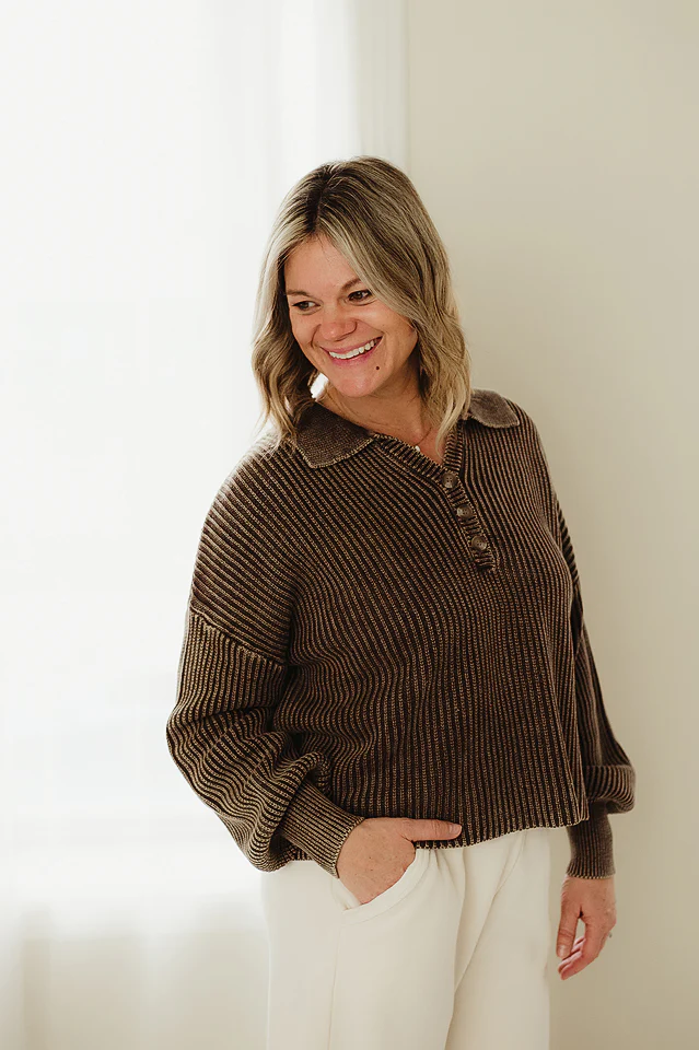 Washed Henley Collared Sweater - Image 3