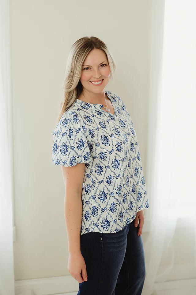 Blue Garden Puff Sleeve Blouse - Image 3